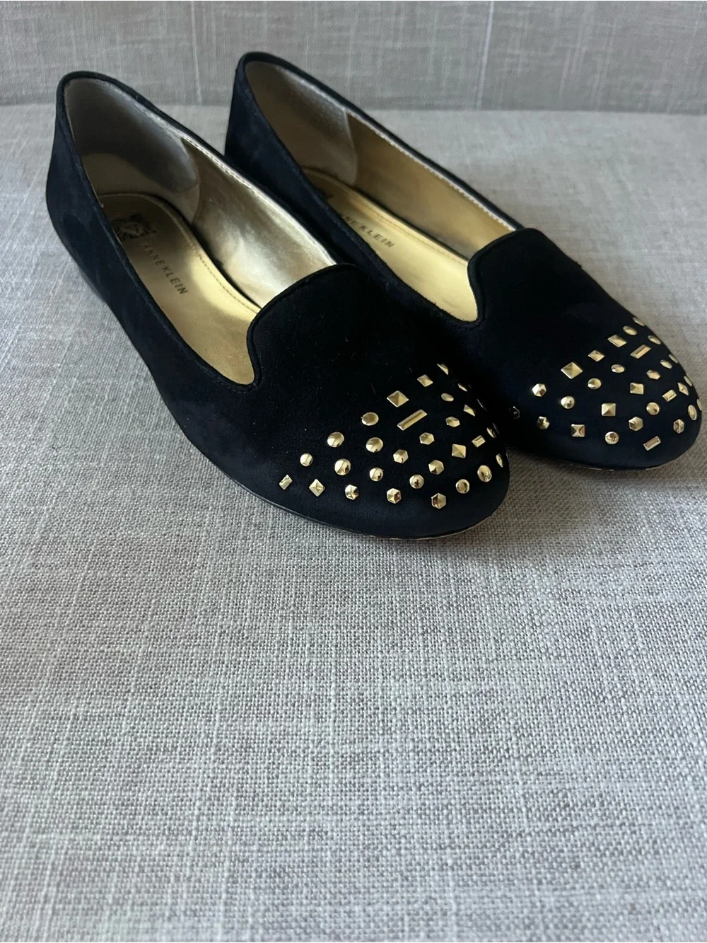 Anne Klein women’s dressy office Black leather gold Studded Loafer flats, 6.5